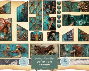 May include: A digital collage sheet with 21 printable images featuring mermaids, skeletons, and underwater scenes in shades of teal, blue, and copper. The sheet is titled "Gothic Love Trifolio" and includes 4 pages.
