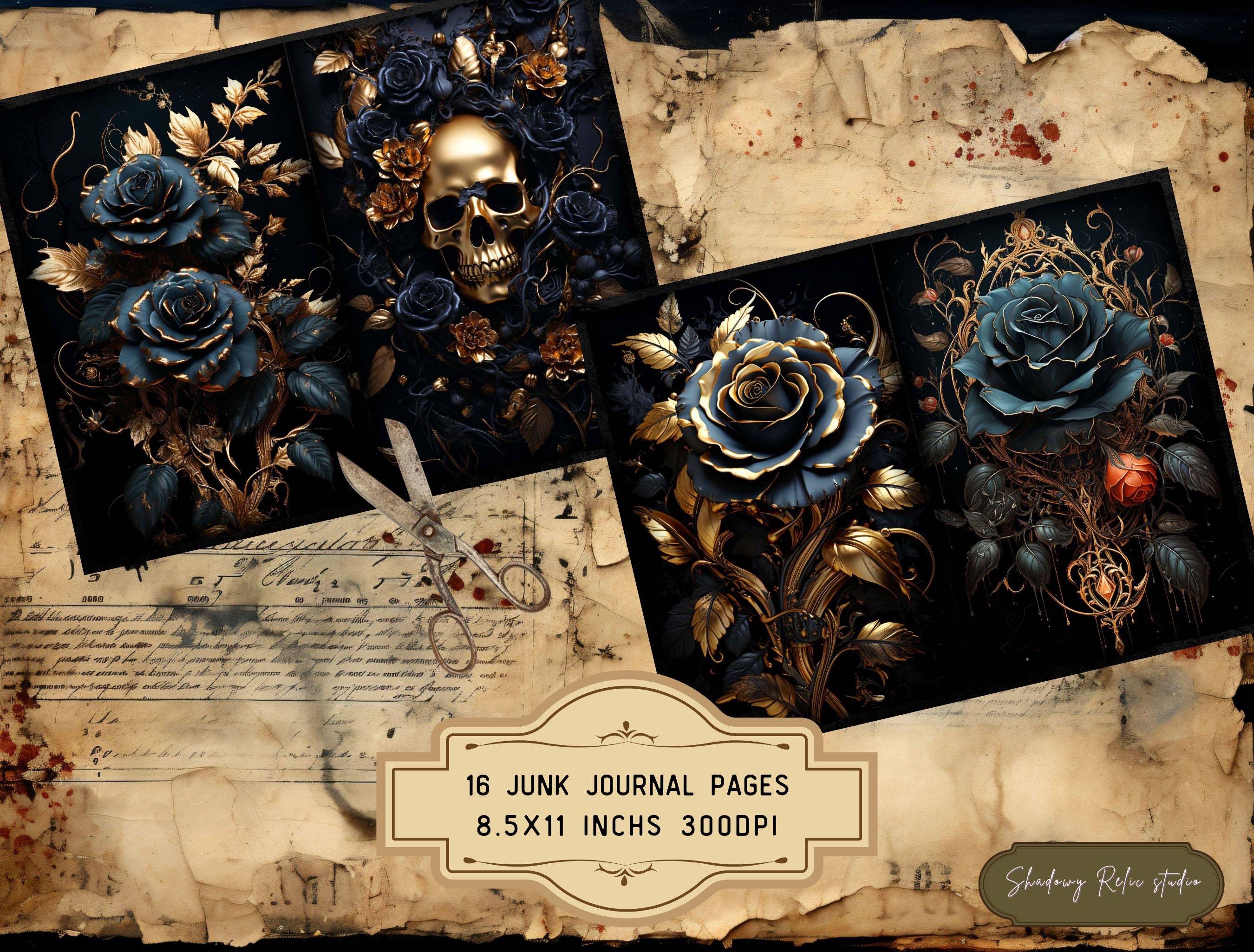 Black Roses Junk Journal Pages Gothic Collage Sheets Scrapbooking Cards ...