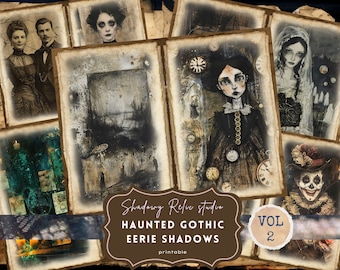 May include: A set of printable digital collage sheets featuring vintage-style images with a gothic and spooky theme. The images include a couple in period clothing, a woman in a veil, a clock face, a doll, and a creepy clown. The text "Shadowy Relic Studio Haunted Gothic Eerie Shadows Vol 2 printable" is included in the image.