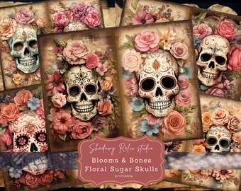Floral Sugar Skull Junk Journal Pages Gothic printable Pages collage sheets scrapbooking cards papers ephemera Sugar Skull Journal kits