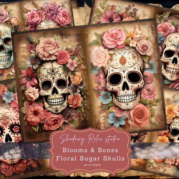 Floral Sugar Skull Junk Journal Pages Gothic printable Pages collage sheets scrapbooking cards papers ephemera Sugar Skull Journal kits