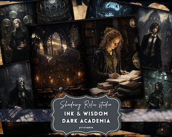 May include: A collage of images featuring a dark academia theme. The images include a young woman reading a book, a man in a suit, and a dark, gothic building. The text "Shadowy Relic Studio Ink & Wisdom Dark Academia printable" is included in the image.
