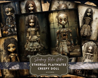 Creepy Doll Junk Journal Pages Gothic collage sheets scrapbooking cards ephemera Haunted Doll Junk Journal Kits Spooky Doll journaling paper