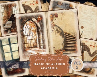 Op de afbeelding: Een verzameling printbare pagina's in vintage-stijl met een herfstthema. De pagina's tonen illustraties van een piano, een harp, een wenteltrap en een gotisch raam. De tekst "Magic of Autumn Academia" en "Vol 2" zijn zichtbaar. Het kleurenpalet omvat warme tinten bruin, beige en oranje.