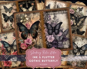 Gothic Butterfly Junk Journal Page Gothic collage sheets scrapbooking cards ephemera Dark Butterfly Junk Journal Kit Black butterfly