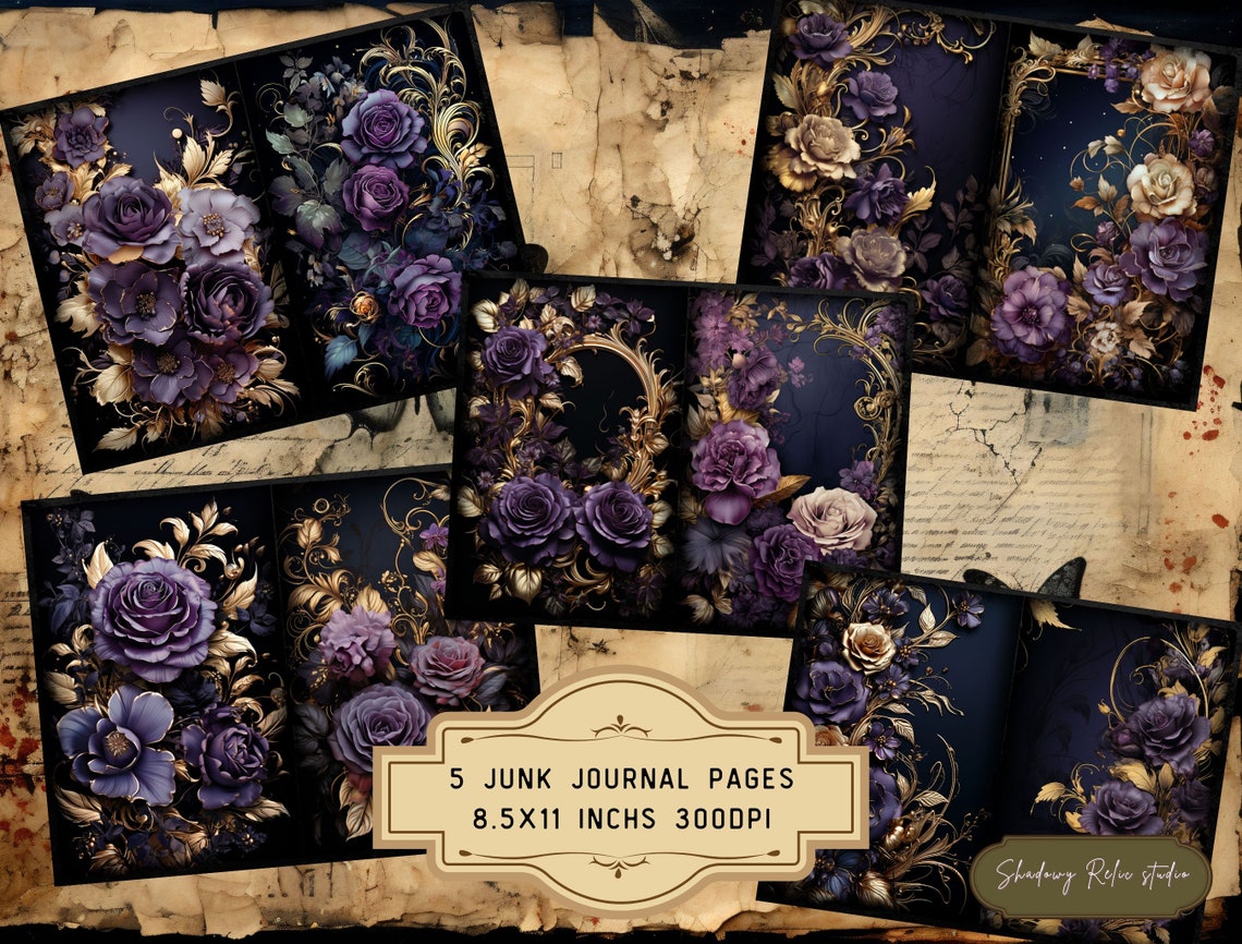 Gold and Purple Roses Junk Journal Pages Gothic Collage Sheets ...