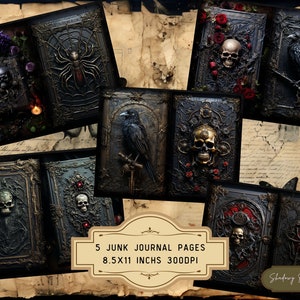 May include: Five printable journal pages featuring gothic and spooky designs. Each page has a black background with gold accents, intricate details, and imagery such as skulls, ravens, spiders, and roses. The pages are 8.5 x 11 inches and 300 DPI.
