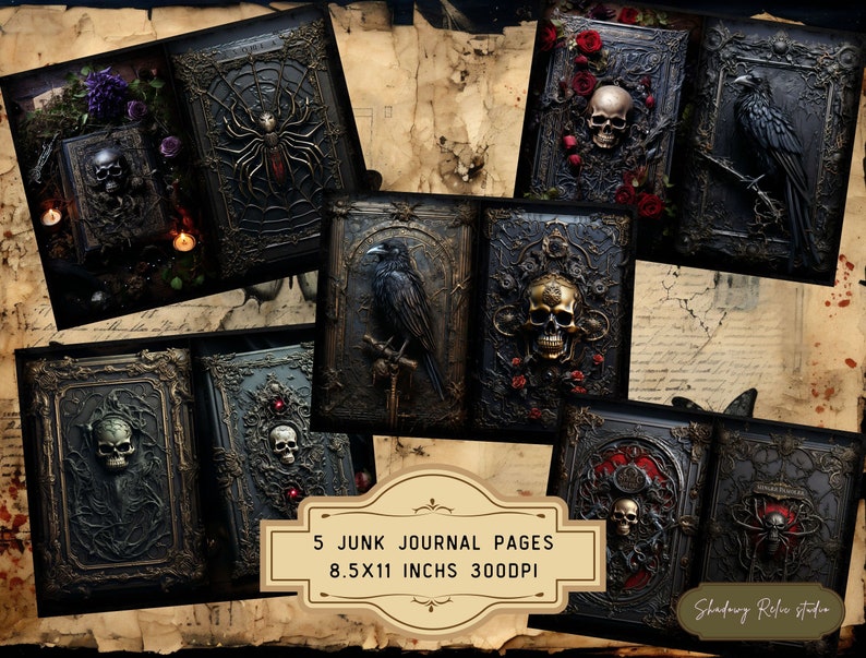 May include: Five printable journal pages featuring gothic and spooky designs. Each page has a black background with gold accents, intricate details, and imagery such as skulls, ravens, spiders, and roses. The pages are 8.5 x 11 inches and 300 DPI.