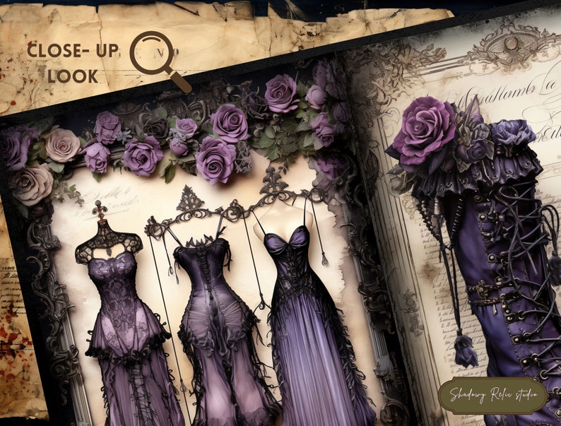 Gothic Purple Fashion Junk Journal Pages Gothic Couture Junk Journal Kit Gothic collage sheets scrapbooking cards ephemera Regal Victorian image 4