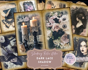 Páginas imprimibles para diario basura con encaje oscuro Hojas de collage de encaje floral morado Kit de diario con encaje gótico negro Papel grunge con encaje vintage Encaje rosa