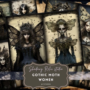Gothic Motte Frauen Junk Journal Seiten Dunkle Motte Schmetterling Fantasy Junk journal Kit Goth Digital Papier Collage Gothic Ephemera Motte Frauen