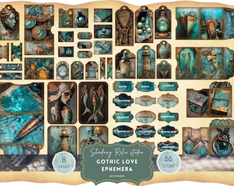 May include: A digital printable pack of 55 gothic love ephemera images. The images feature a variety of designs, including mermaids, skulls, and seashells. The images are in a dark blue and green colour scheme.