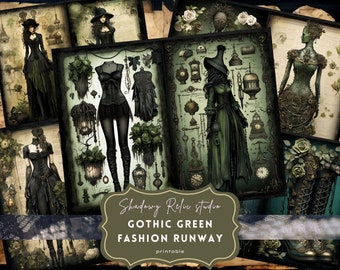 Gothic Green Fashion Junk Journal Pages Gothic Green Couture Junk Journal Kit Gothic collage sheets scrapbooking cards ephemera Fashion