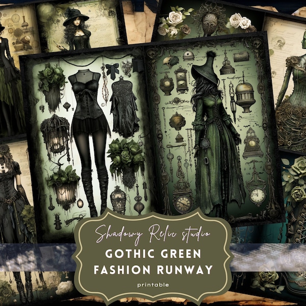 Gothic Grün Mode Junk Journal Seiten Gothic Grün Couture Junk Journal Kit Gothic Collage Blätter Scrapbooking Karten Ephemera Fashion