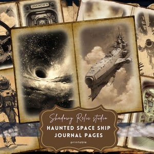 Puede incluir: Una colección de páginas de diario de estilo vintage con tonos sepia. Las páginas presentan ilustraciones con temas espaciales, incluyendo una nave espacial, un astronauta y un agujero negro. El texto "HAUNTED SPACE SHIP JOURNAL PAGES" es visible.