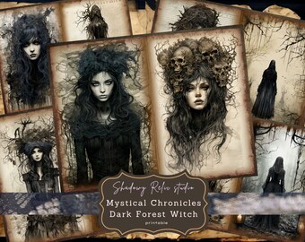 Dark Forest Witch Junk Journal Pages Gothic printable Pages collage sheets scrapbooking cards papers ephemera Mystical witch Journal kits