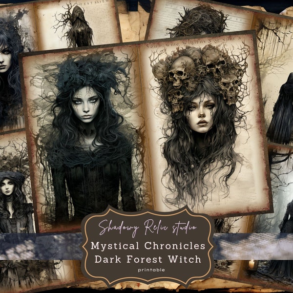 Dark Forest Witch Junk Journal Páginas góticas imprimibles Páginas de collage hojas de scrapbooking tarjetas papeles efímeros Kits de diario de brujas místicas