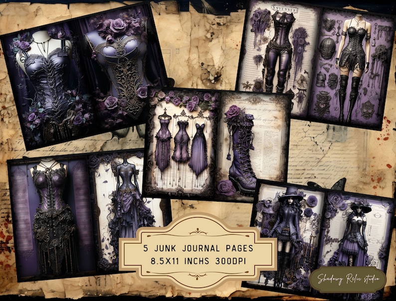 Gothic Purple Fashion Junk Journal Pages Gothic Couture Junk Journal Kit Gothic collage sheets scrapbooking cards ephemera Regal Victorian image 2