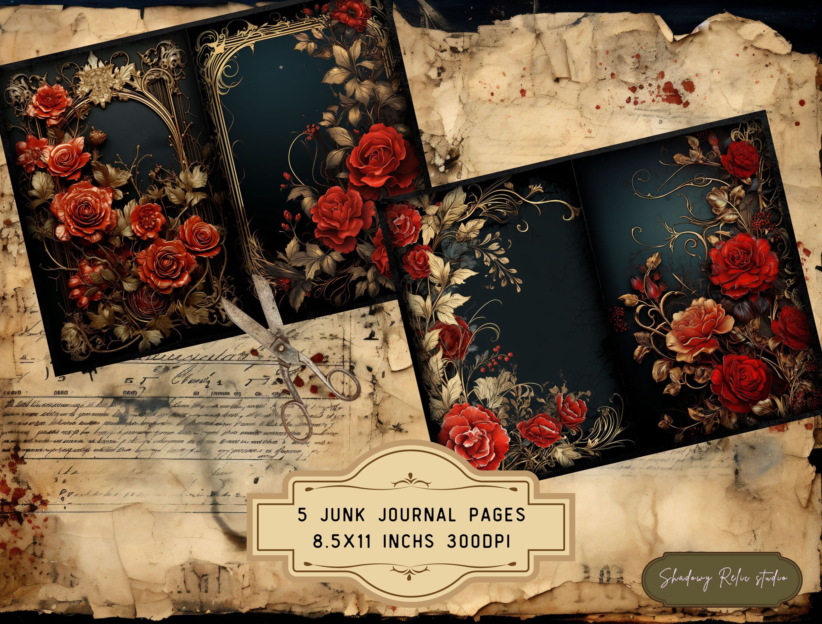 Gold and Red Roses Junk Journal Pages Gothic Collage Sheets ...