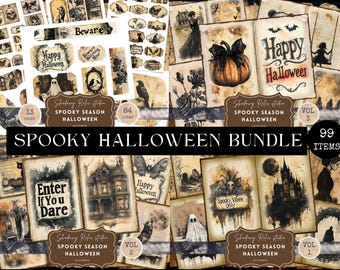 Pacote de diário de lixo assustador de Halloween para impressão de Halloween, itens vintage de Halloween, gótico, papel digital, kit de diário de lixo de Halloween digital