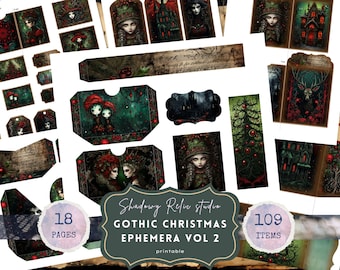 May include: A digital download of 109 printable gothic Christmas themed images, including illustrations of trees, houses, and characters. The images are perfect for scrapbooking, card making, and other crafting projects. The download includes 18 pages of images.
