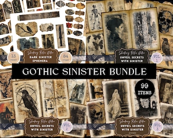 May include: A digital collage pack with 99 gothic and sinister themed images. The images include crows, skeletons, ghosts, and other spooky elements. The pack is divided into three volumes: Dark Sinister Ephemera, Unveil Secrets with Sinister Vol. 1, Unveil Secrets with Sinister Vol. 2, and Unveil Secrets with Sinister Vol. 3.