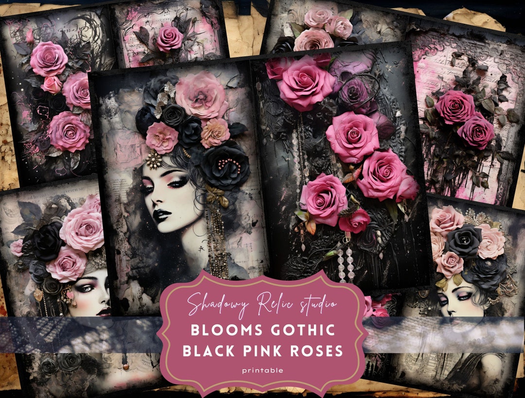 Gothic Black Pink Roses Junk Journal Pages Gothic Collage Sheets ...