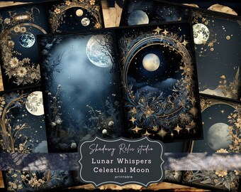 May include: A set of printable digital papers featuring a celestial moon theme. The papers feature a dark blue background with gold accents, stars, and moons. The text "Lunar Whispers Celestial Moon" is included on the papers.