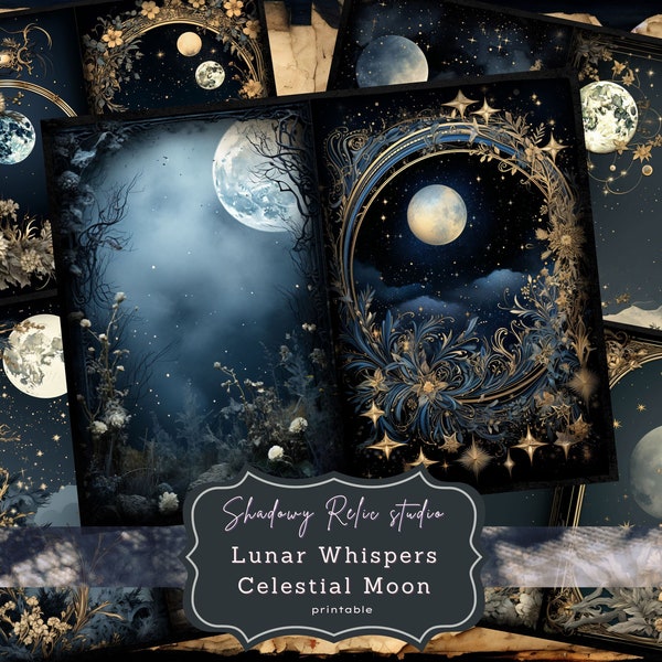 Celestial Moon Junk Journal Pages Gothic collage sheets scrapbooking cards ephemera Lunar Whispers Junk Journal Kit Moon phases journals