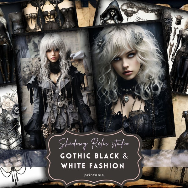 Gothic Black and White Fashion Junk Journal Pages Gothic Black and White Couture Junk Journal Kit collage sheets scrapbooking cards ephemera