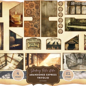 Kit de diario basura de Expreso Abandonado, tren embrujado, efímera de vagón oxidado, tríptico de ferrocarril vintage oscuro, papel con temática de tren gótico