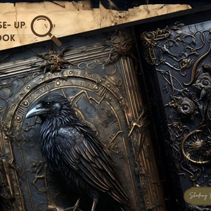 May include: A black book cover with gold accents and a 3D raven sculpture. The cover features intricate details and a circular design with Roman numerals. The book is titled "Shadow Realm Studio".