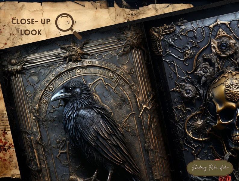 May include: A black book cover with gold accents and a 3D raven sculpture. The cover features intricate details and a circular design with Roman numerals. The book is titled "Shadow Realm Studio".