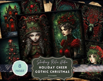 May include: A set of 8 printable pages featuring gothic Christmas illustrations. The pages include a spooky house, a Christmas tree, a deer, and three women with holiday wreaths in their hair.