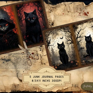 May include: Five printable junk journal pages featuring black cats in various spooky settings. The pages are 8.5 x 11 inches and 300 DPI.