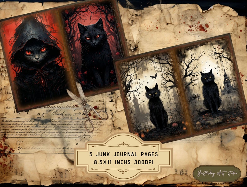 May include: Five printable junk journal pages featuring black cats in various spooky settings. The pages are 8.5 x 11 inches and 300 DPI.