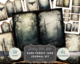 Könnte beinhalten: Ein digitaler Druck-Kit zum Scrapbooking und Journaling mit 19 Seiten und 91 Ephemera-Elementen zum Thema dunkler Wald. Das Kit enthält Bilder von Bäumen, Nebel und Fledermäusen. Der Text "Shadowy Relic Studio" und "Dark Forest Junk Journal Kit" ist im Bild sichtbar.
