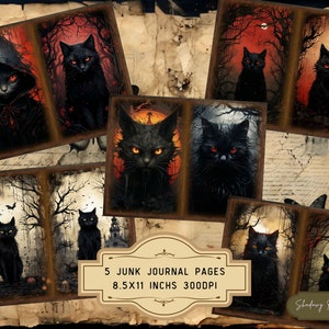 May include: Five printable journal pages featuring black cats with glowing red eyes in various spooky settings. The pages are 8.5 x 11 inches and 300 DPI.  The text "5 Junk Journal Pages 8.5x11 Inches 300DPI" is at the bottom of the image.