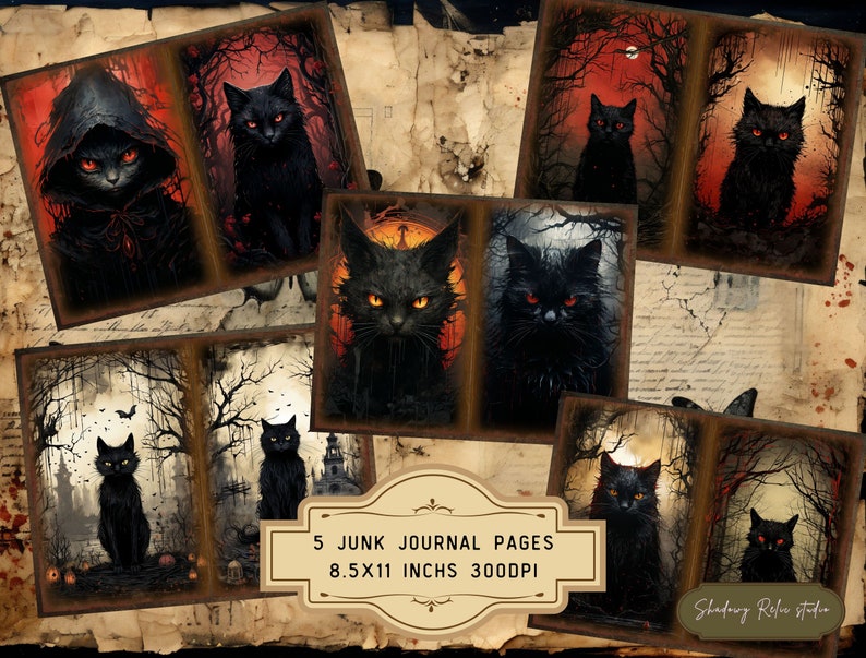 May include: Five printable journal pages featuring black cats with glowing red eyes in various spooky settings. The pages are 8.5 x 11 inches and 300 DPI.  The text "5 Junk Journal Pages 8.5x11 Inches 300DPI" is at the bottom of the image.