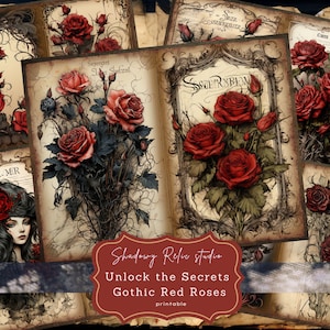 Rose rosse gotiche Pagine di diario spazzatura Pagine stampabili gotiche collage fogli scrapbooking carte carte effimere Kit di diario rosa romantica