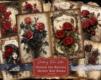 Gothic Red Roses Junk Journal Pages Gothic printable Pages collage sheets scrapbooking cards papers ephemera Romantic rose Journal kits