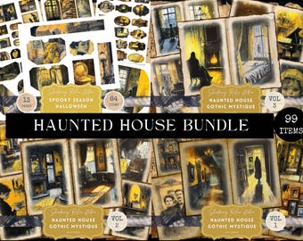 May include: A digital collage bundle of 99 haunted house themed images. The images are in a gothic style and feature a variety of spooky elements, including a fireplace, a piano, a bed, and a window. The bundle includes three volumes, each with a different set of images.