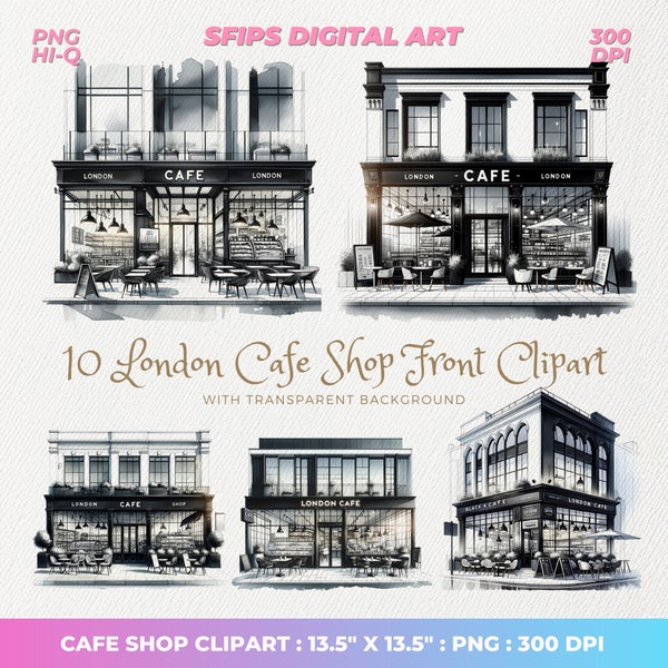 Watercolor London Cafe Shop Front Clipart, Cafe Shop Clipart, Coffee Shop Clipart, Storefront Png, PNG High Quality 300DPI