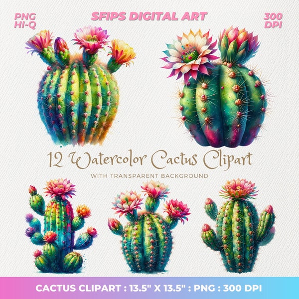 Watercolor Cactus Clipart, Desert Cacti PNG, Colorful Cactus Png, PNG High Quality 300DPI