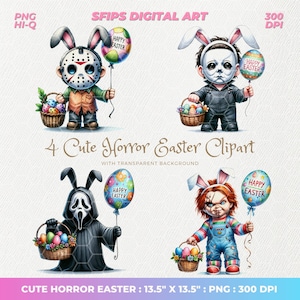 Watercolor Cute Horror Easter Clipart, Happy Easter Png,  Easter Killer Story PNG, Killer Character, Horror Bunny Easter, Easter Eggs Png