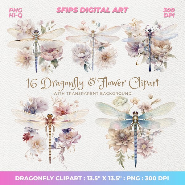 Watercolor Dragonfly Clipart, Dragonfly And Flower Clipart, Dragonfly Png, Flower Png, Dragonfly Clipart, PNG High Quality 300DPI