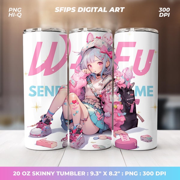 Kawaii Waifu Anime Girl Tumbler Wrap, Senpai Notice Me V.3, 20 oz skinny tumbler template, PNG High Quality 300DPI