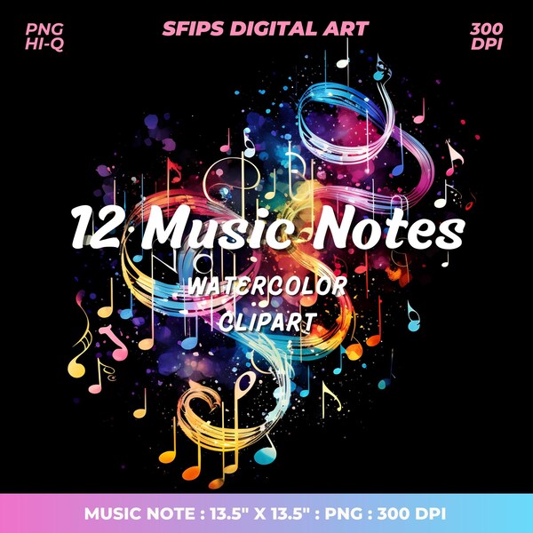 Music Notes Clipart, Watercolor Music Notes Clipart V.2, Digital File PNG, PNG High Quality 300DPI