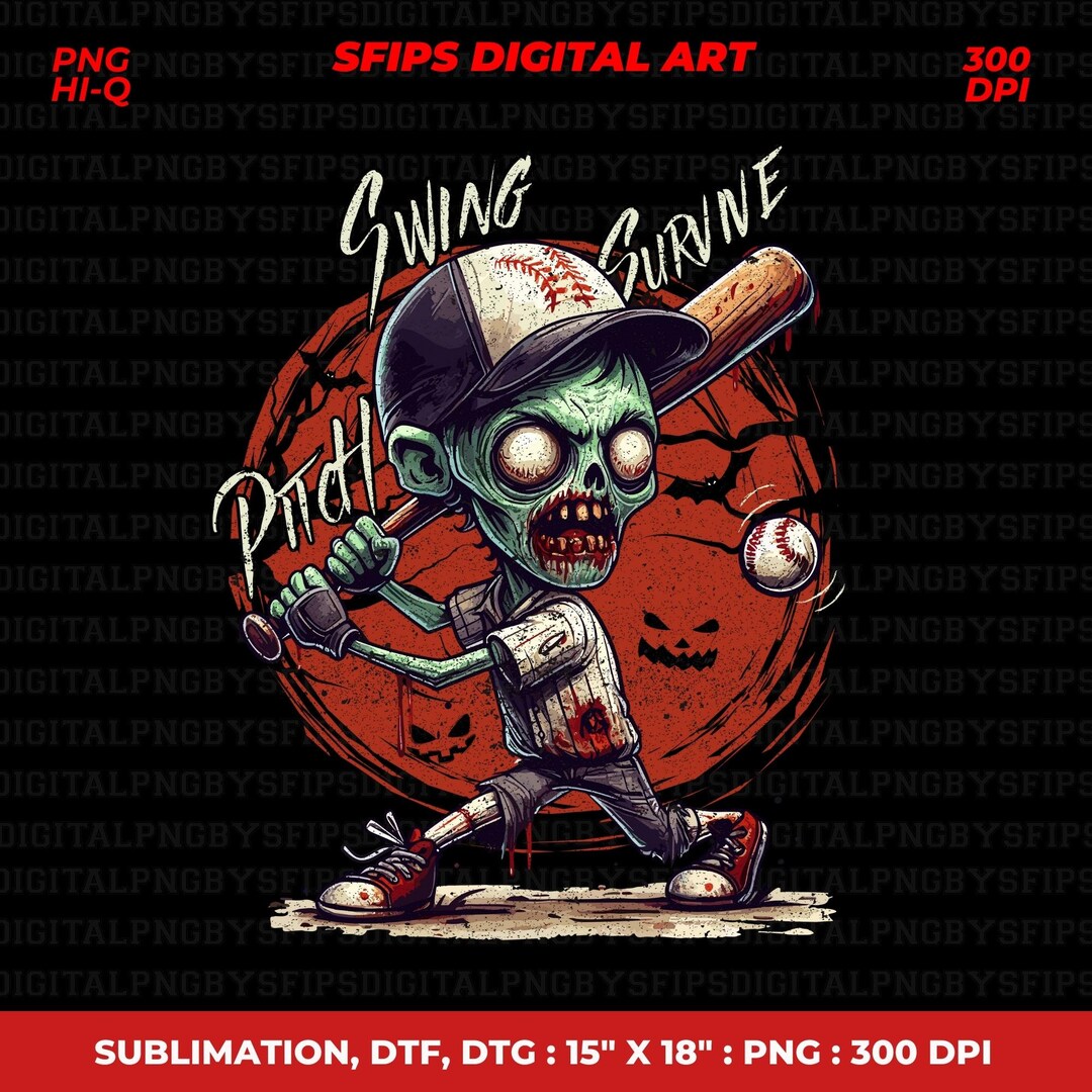Zombie Baseball PNG, Zombie Baseball Tshirt Design, Pitch Swing Survive