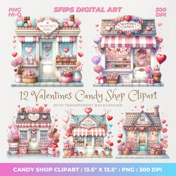 Watercolor Valentines Candy Shop Clipart, Candy Shop Front Clipart, Candy Shop PNG, Storefront Png, PNG High Quality 300DPI